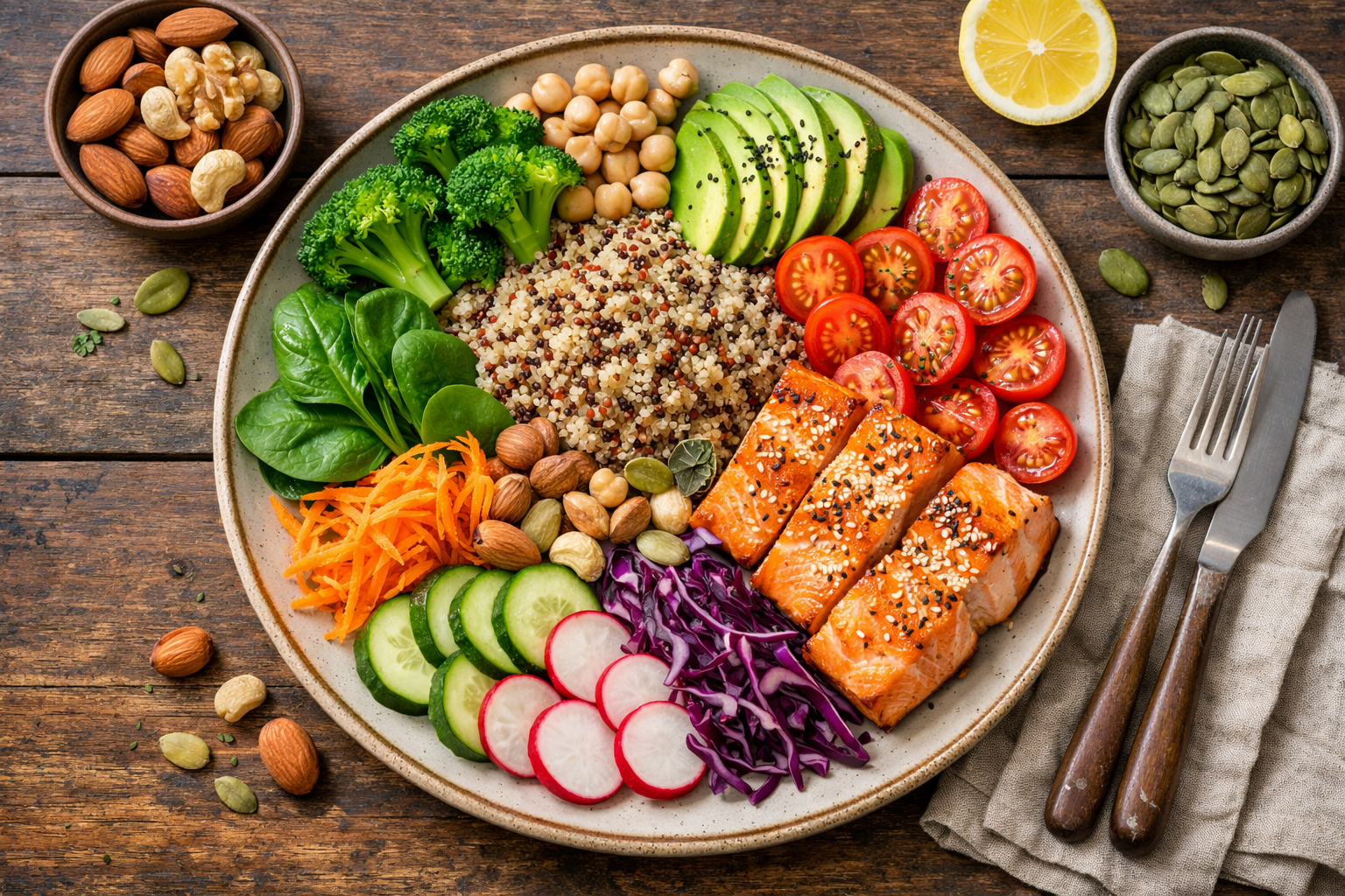 Colorful plate with fresh vegetables, whole grains, nuts and fish, healthy balanced meal, natural ingredients, overhead view